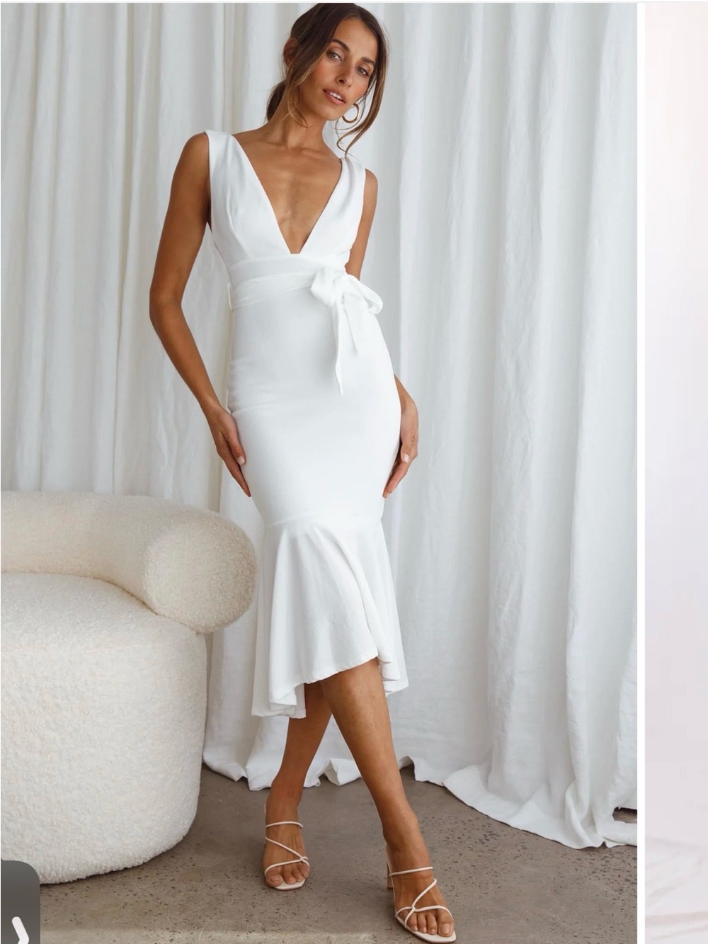 White V-Neck Midi Dress with Waist Bow